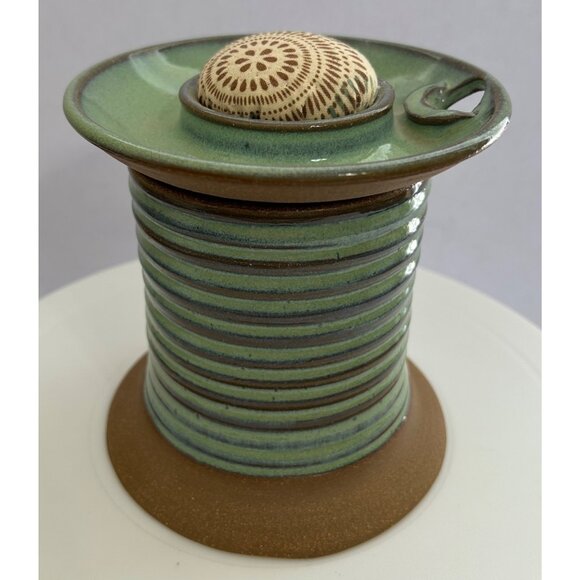 Other - Handmade Green & Brown Pottery Spool Sewing Caddy Hole For Scissors Pin Cushion